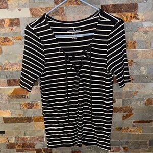 American Eagle Outfitters Black and White Striped Lace-Up Tee
